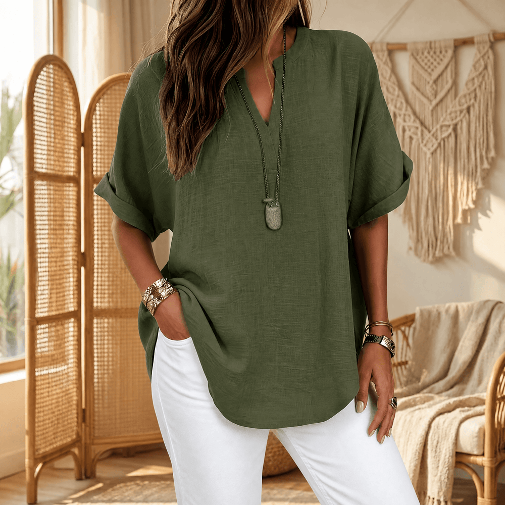 Wovena – Women's Breezy V Neck Blouse with Curved Hem