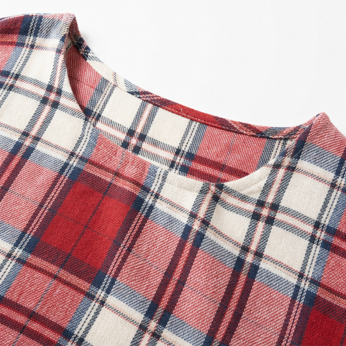 Wrenfield – Plaid Round Neck Blouse with Cuffed Sleeves
